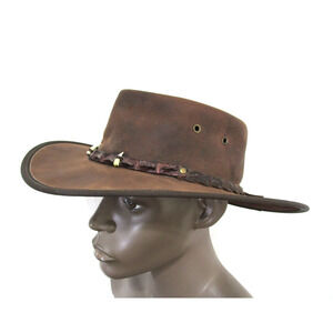 Barmah Brown Leather Outback Crocodile 3 Teeth Hat Men Sz L